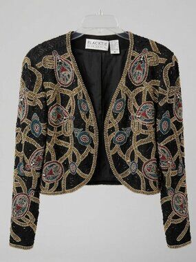 Vintage Black Tie by Oleg Cassini Beaded Silk Evening Jacket ✨ Size M